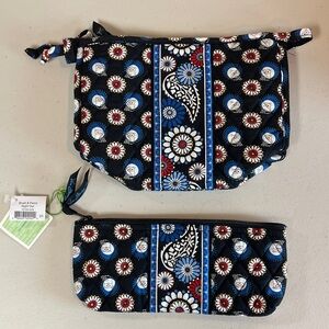 Vera Bradley Night Owl Blue and Red Bow & Brush & Pencil Cosmetic Bag Set NEW